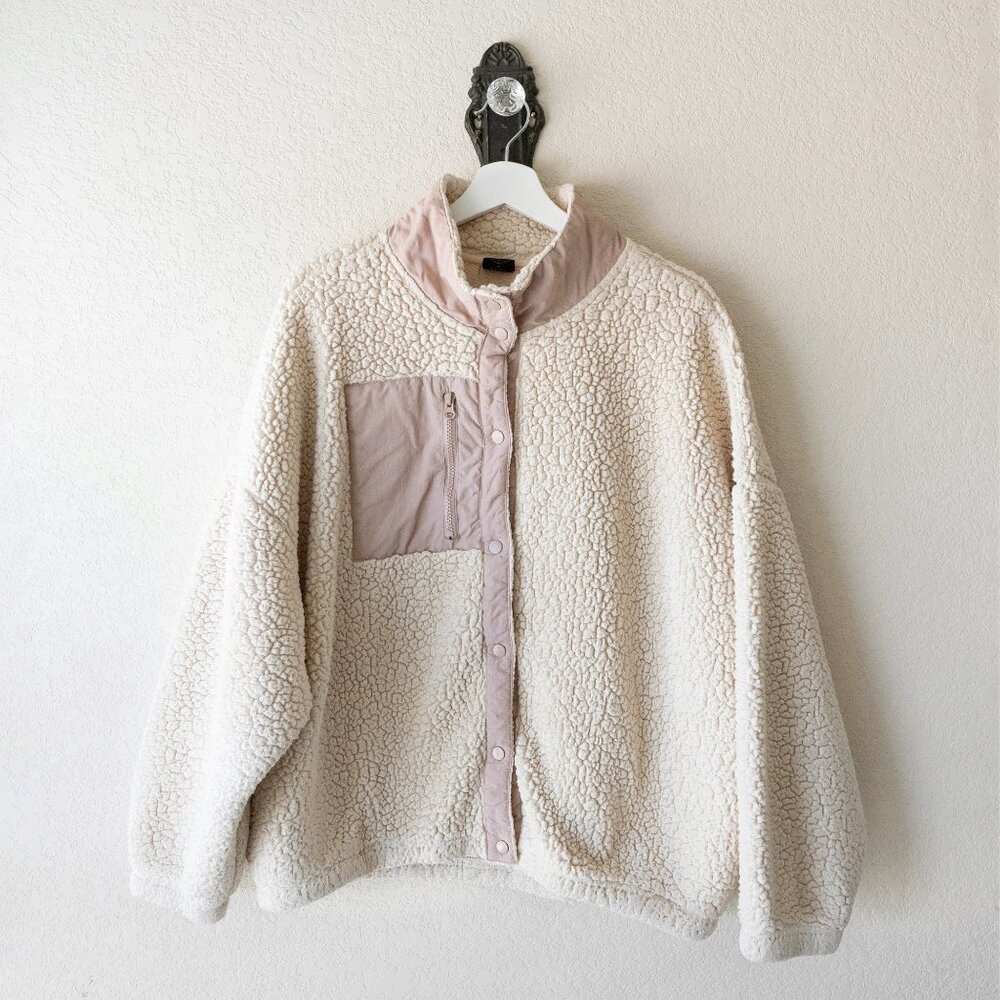 PacSun Cozy Hiker Sherpa Jacket Womens M Oversized Cream Snap Front Fleece